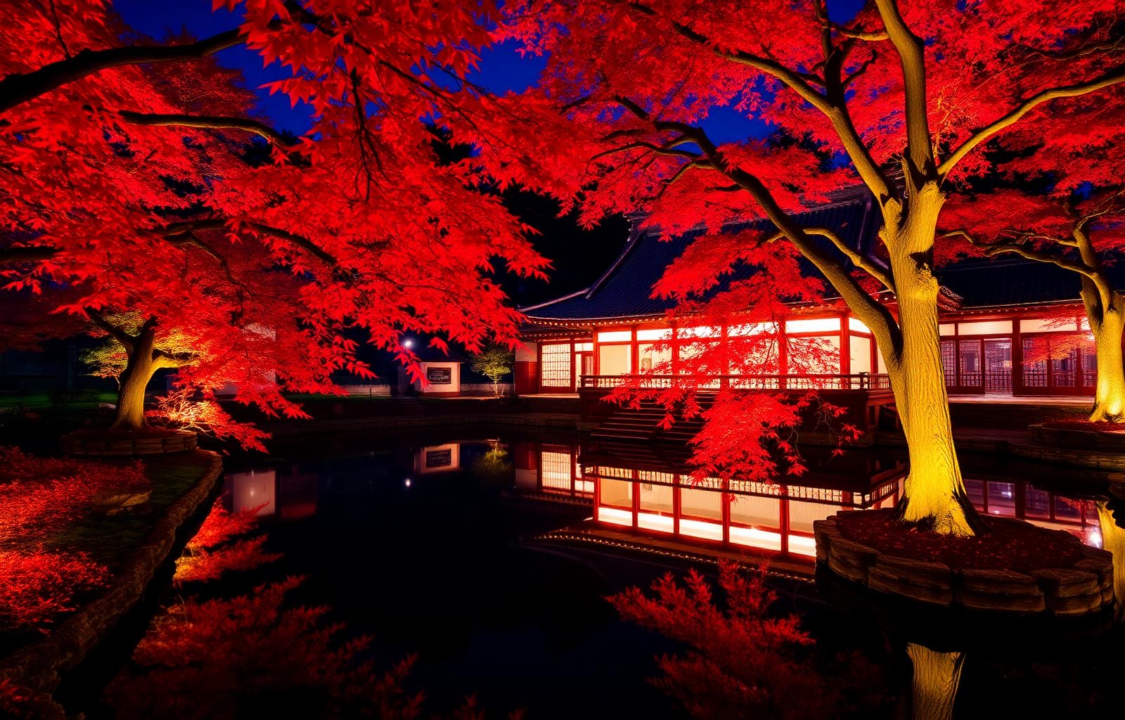 Eikando garden illuminated by red maple leaves at night