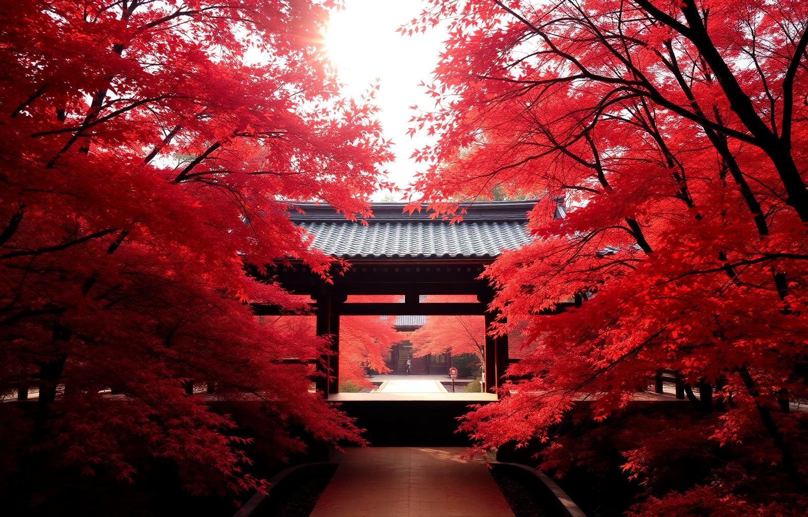 Tofukuji temple framed by red maple leaves in Kyoto